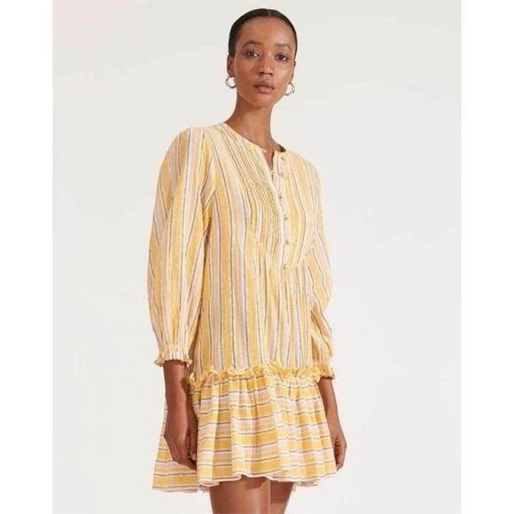 Veronica Beard Tibbett Bib Tiered Mini Dress Cover Up Yellow Pink Gold Stripe XS - Picture 2 of 10